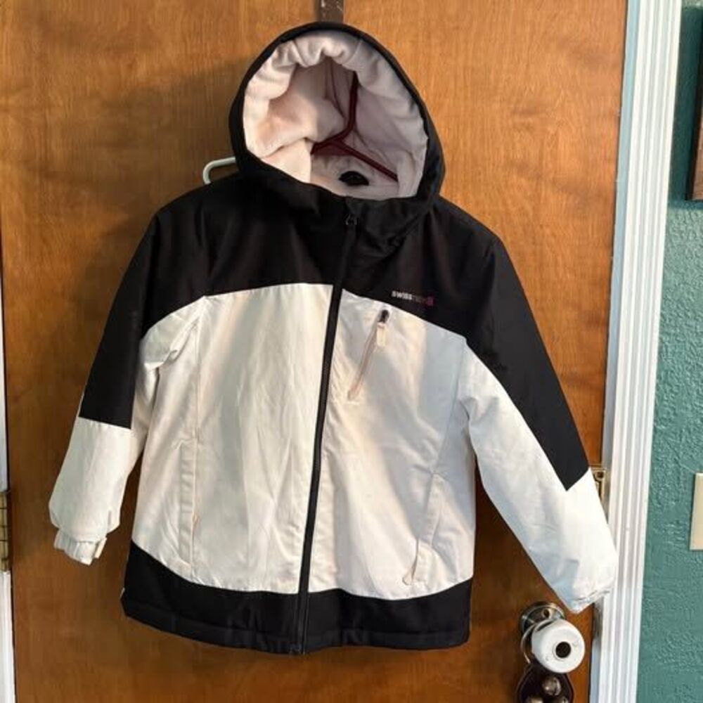 Swiss Tech White Black Jacket Winter Hood Zip Snow Warm Youth Medium (7-8)